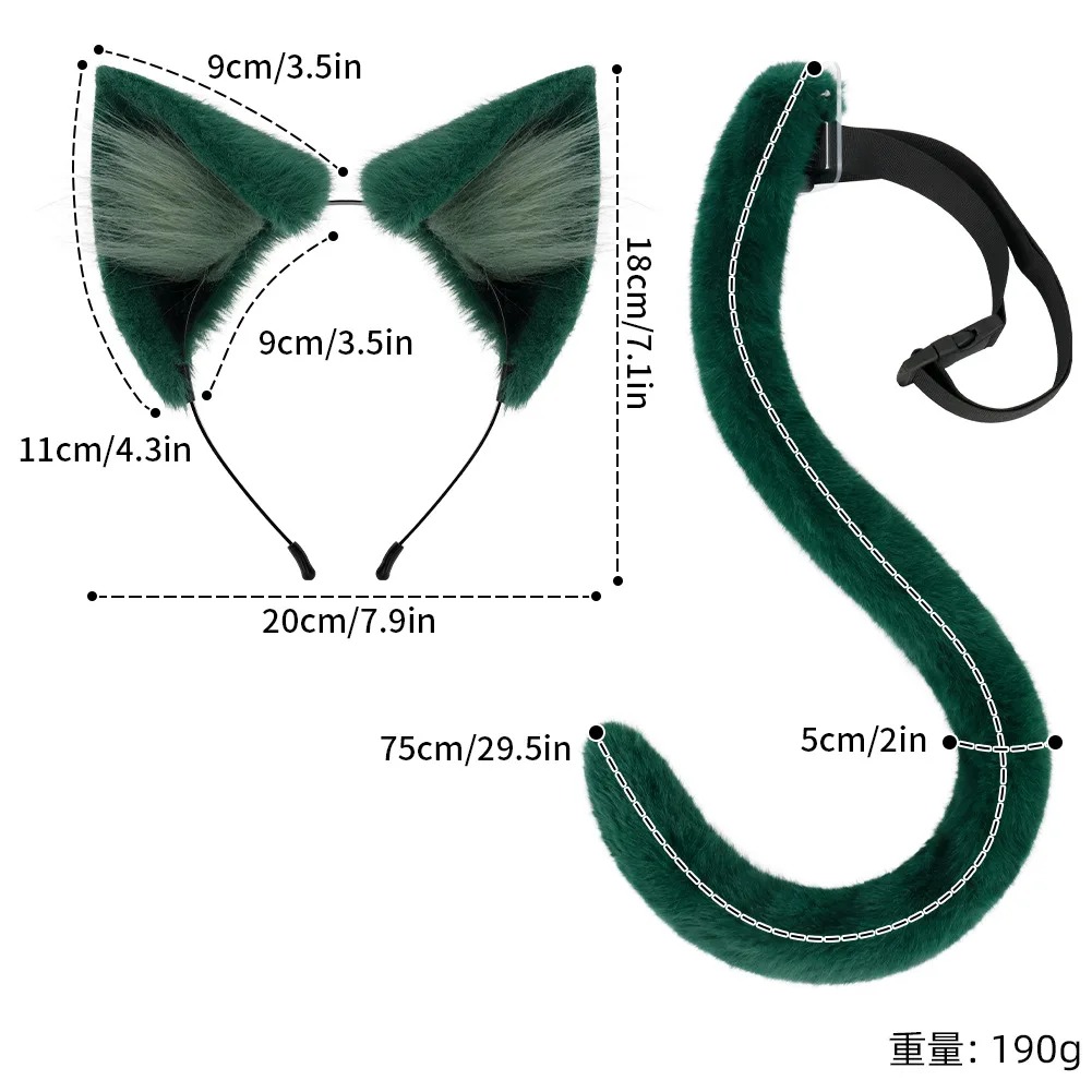 Orelhas e rabo de gato verdes com medidas indicadas, acessório de cosplay da Maomao, Diários de uma Apotecária