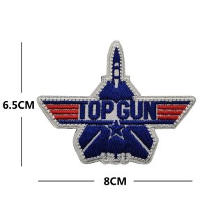 Patch bordado do logo Top Gun com caça e asas azuis e vermelhas, com 8 x 6,5 cm