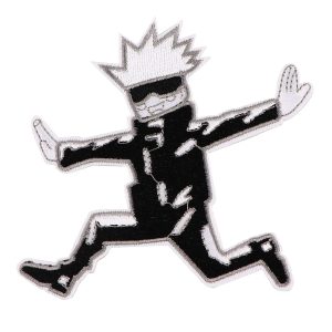 Patch bordado do Gojo Satoru, de Jujutsu Kaisen, correndo, em preto e branco, sobre fundo branco