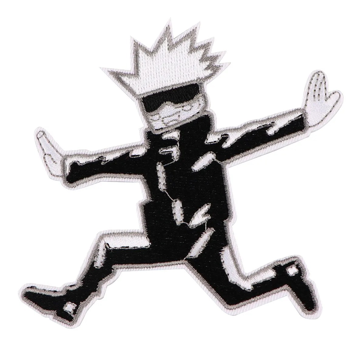 Patch bordado do Gojo Satoru, de Jujutsu Kaisen, correndo, em preto e branco, sobre fundo branco