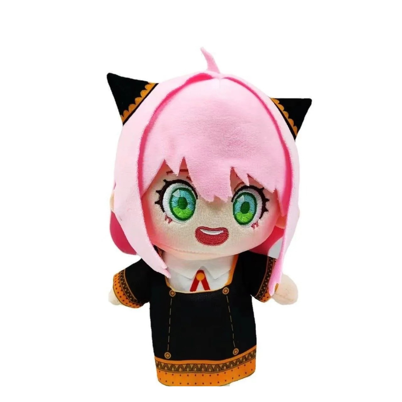 Pelúcia da Anya Forger, de Spy x Family, com cabelo rosa, olhos verdes bordados e uniforme preto e laranja