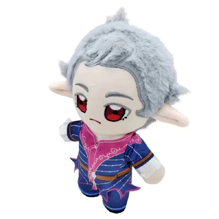 Pelúcia do Astarion de Baldur's Gate 3 com cabelo prateado, olhos vermelhos e traje azul