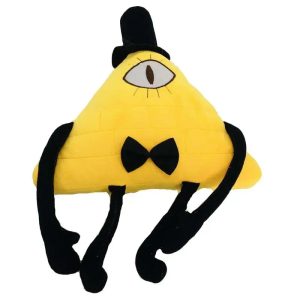 Pelúcia amarela do Bill Cipher, de Gravity Falls, com cartola preta, gravata borboleta e braços longos