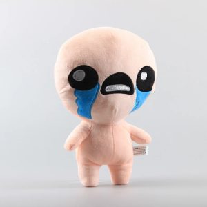 Pelúcia do Isaac, de The Binding of Isaac, com lágrimas azuis e corpo rosado, em pé