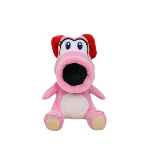 Pelúcia do Birdo, de Super Mario, sentada, em rosa com laço vermelho, em fundo branco