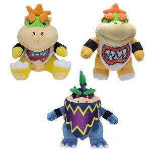 Duas pelúcias do Bowser Jr de Super Mario e um dragão azul com detalhes roxos