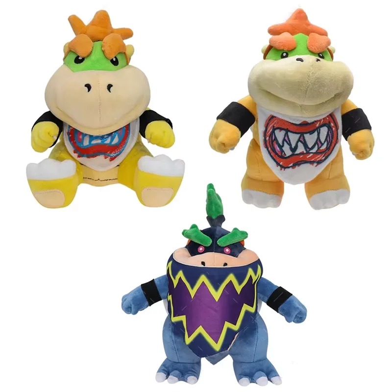 Duas pelúcias do Bowser Jr de Super Mario e um dragão azul com detalhes roxos