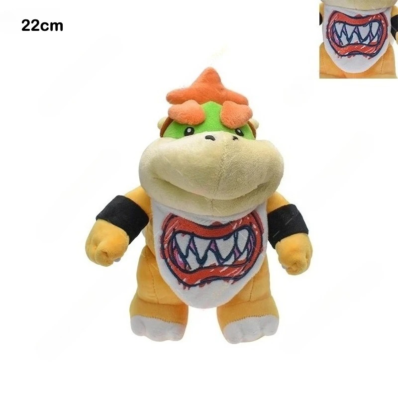 Pelúcia do Bowser Jr de pé, com babador de dentes, cabelo laranja e indicação de 22 cm