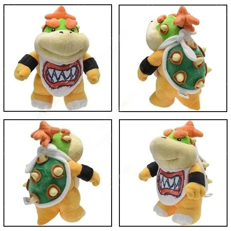 Pelúcia do Bowser Jr em quatro ângulos, mostrando frente, casco de espinhos e lateral