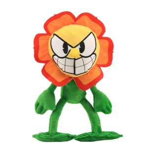 Pelúcia da Cagney Carnation, de Cuphead, flor de pétalas laranjas com sorriso de dentes grandes