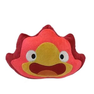 Almofada de pelúcia do Calcifer, de O Castelo Animado, em formato de chama vermelha com rosto bordado