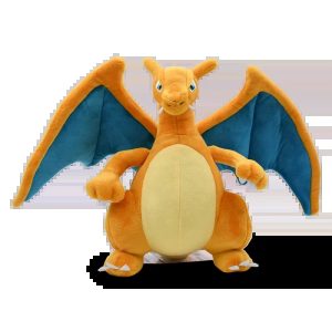 Pelúcia do Charizard, de Pokémon, vista de frente com as asas abertas e barriga clara