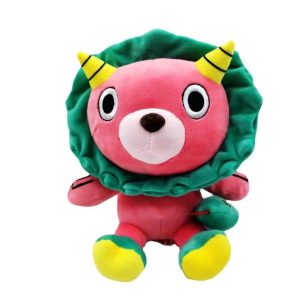 Pelúcia da Chimera, leão rosa com juba verde, chifres e pés amarelos, de Spy x Family, sentada em fundo branco