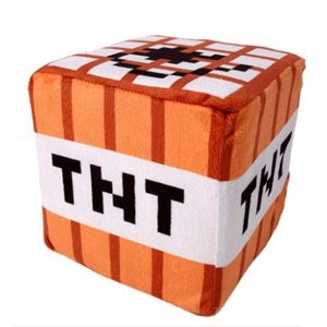 Cubo de pelúcia do bloco de TNT de Minecraft, laranja e branco, com as letras TNT em preto