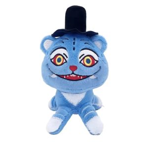 Pelúcia do tigre azul Derpy, de Guerreiras do K-Pop, sentado, com chapéu preto, olhos amarelos e sorriso cheio de dentes