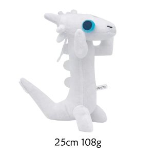 Pelúcia de dragão dançante branco com olho azul e bracinhos levantados, 25 cm