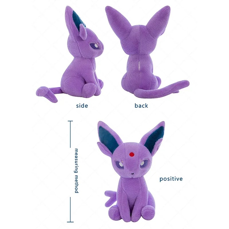 Pelúcia do Espeon, de Pokémon, lilás, vista de lado, de costas e de frente, com indicação de medidas