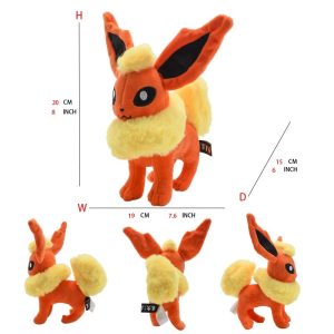 Pelúcia do Flareon, de Pokémon, de cerca de 20 cm, laranja com colar amarelo, com medidas e vistas laterais