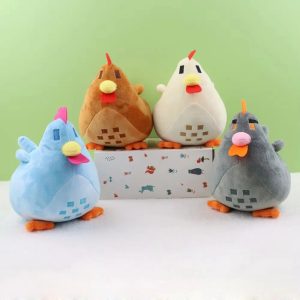 Quatro pelúcias de galinha de Stardew Valley nas cores marrom, branca, azul e cinza