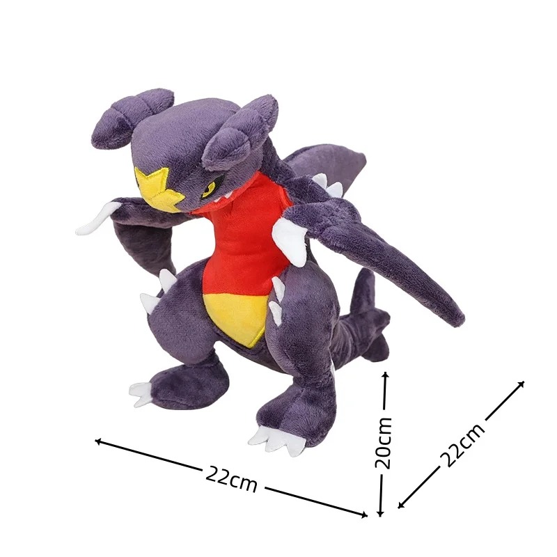 Pelúcia do Garchomp, de Pokémon, de 20 cm, roxa com barriga vermelha, fundo branco e medidas