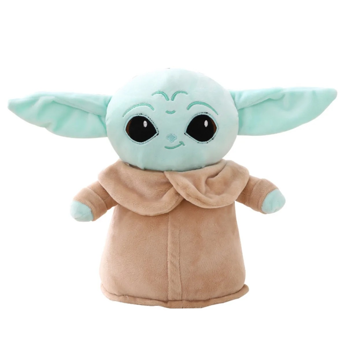 Pelúcia do Grogu, o Baby Yoda, de frente, com orelhas grandes e manto marrom, em fundo branco