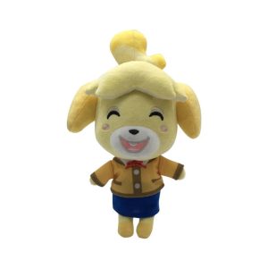 Pelúcia Isabelle de pé, de jaqueta amarela e saia azul, personagem de Animal Crossing