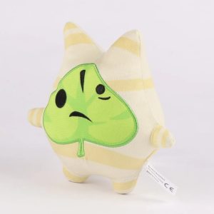 Pelúcia do Korok de Zelda, de frente, com a folha verde no rosto e corpo bege listrado