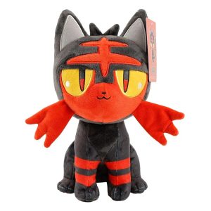 Pelúcia do Litten, de Pokémon, de 22 cm, cinza-escura com rosto laranja e olhos amarelos, sentada, fundo branco