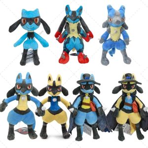 Sete pelüias de Riolu e Lucario, de Pokémon, incluindo Mega Lucario vermelho e Lucario Shiny cinza
