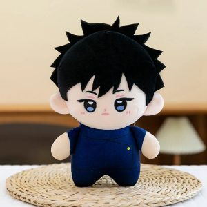 Pelúcia do Megumi Fushiguro, de Jujutsu Kaisen, com cabelo preto espetado, olhos azuis e uniforme azul-escuro