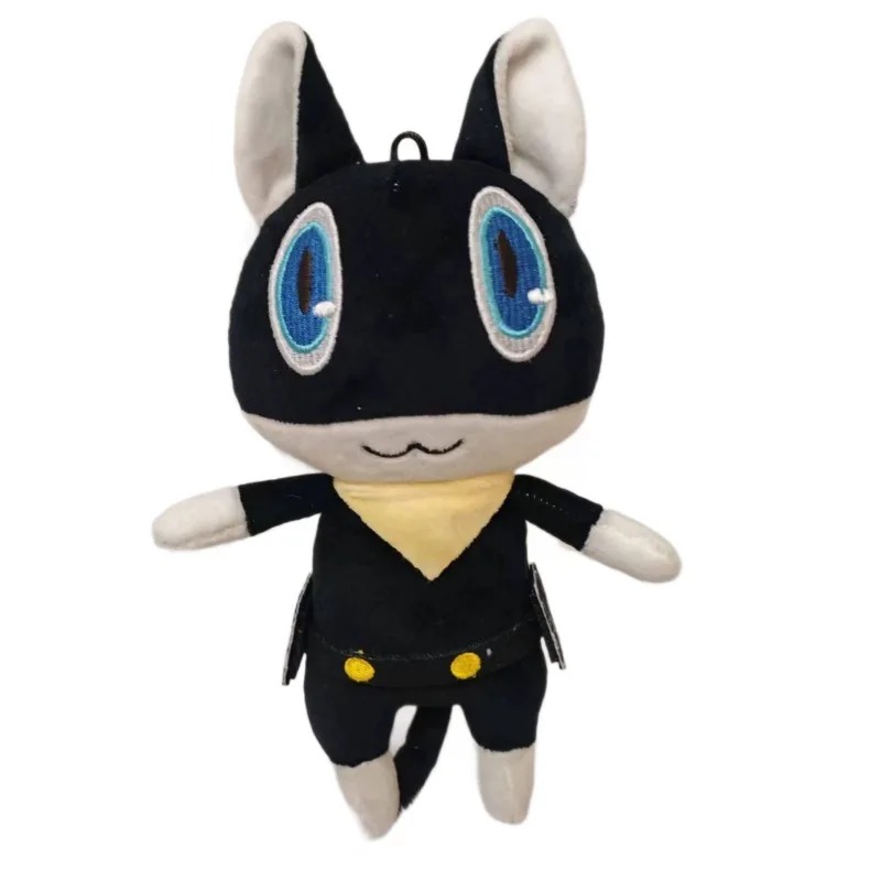 Pelúcia da Morgana, de Persona 5, gato preto com olhos azuis e lenço amarelo, em fundo branco
