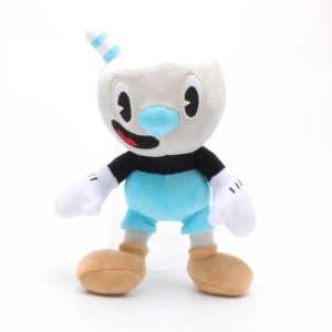 Pelúcia do Mugman, de Cuphead, com cabeça de xícara, nariz azul e macacão azul, vista de frente