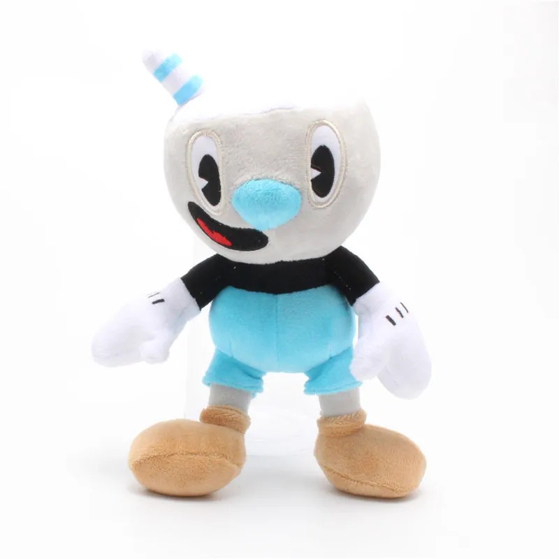 Pelúcia do Mugman, de Cuphead, com cabeça de xícara, nariz azul e macacão azul, vista de frente