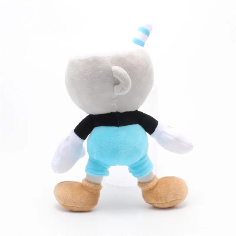 Pelúcia do Mugman, de Cuphead, vista de costas com a asa da xícara