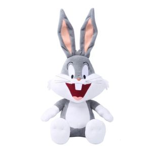 Pelúcia do Pernalonga, dos Looney Tunes, sentado, cinza e branco, com orelhas compridas e sorriso