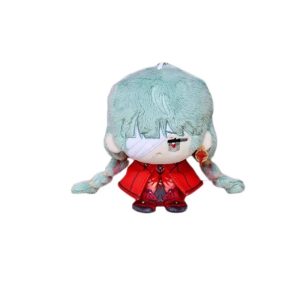 Boneco de pelúcia da Phrolova, de Wuthering Waves, sentado, com tranças azul-claras e capa vermelha