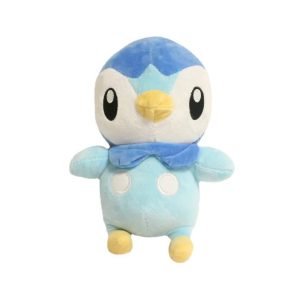 Pelúcia do Piplup, de Pokémon, de frente com corpo azul, rosto branco e bico amarelo