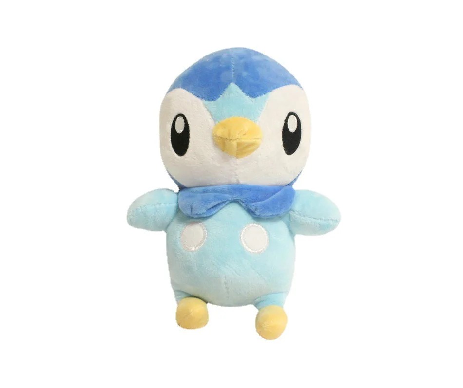 Pelúcia do Piplup, de Pokémon, de frente com corpo azul, rosto branco e bico amarelo