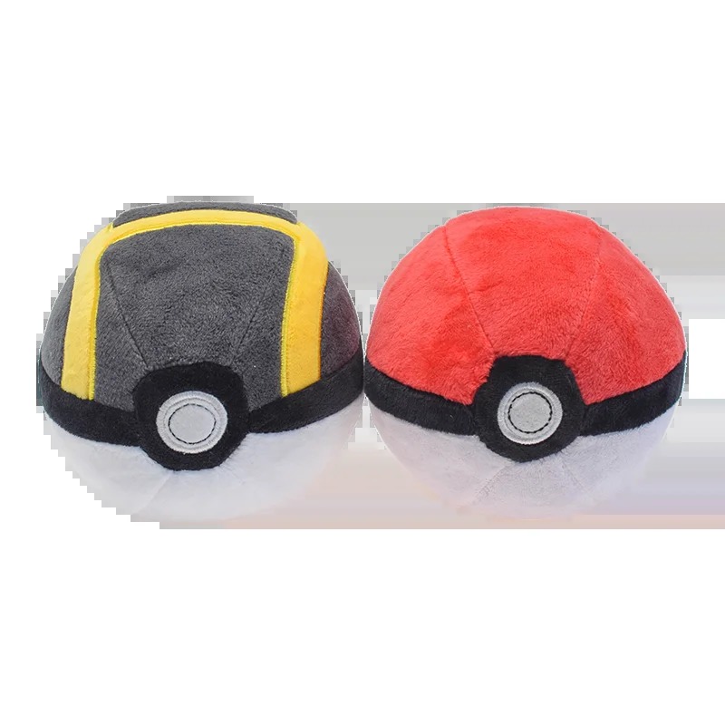 Pelúcias da Ultra Ball preta e amarela e da Poké Ball vermelha lado a lado
