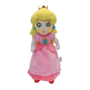 Pelúcia da Princesa Peach de Super Mario com vestido rosa e coroa dourada em pé