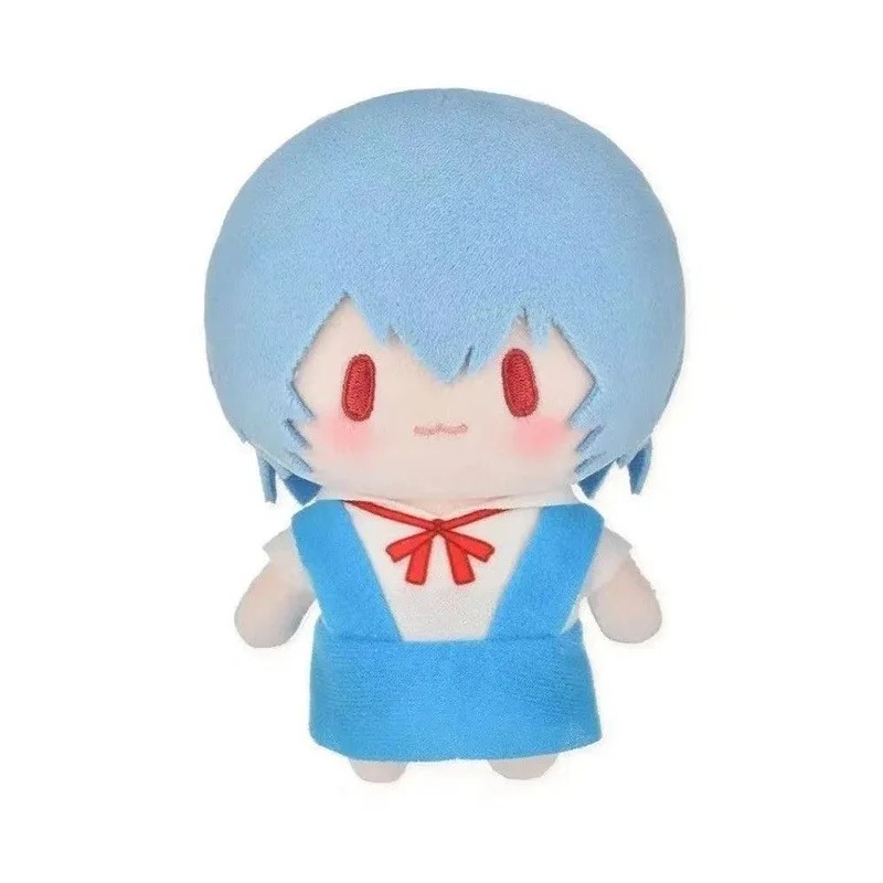 Pelúcia da Rei Ayanami de Evangelion com cabelo azul, vestido azul e laço vermelho