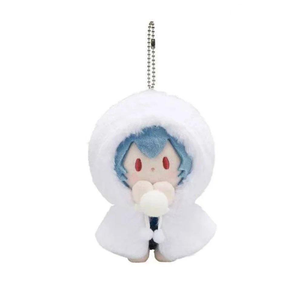 Pelúcia da Rei Ayanami de Neon Genesis Evangelion com capa branca de capuz e corrente de chaveiro