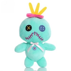 Pelúcia verde da Scrump, de Lilo & Stitch, com cabelo amarelo e laço rosa, em fundo branco