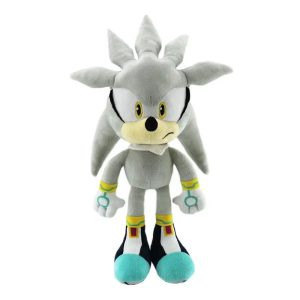 Pelúcia do Silver, ouriço cinza-prateado de botas verde-água, da série Sonic