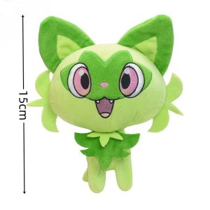 Pelúcia do Sprigatito, de Pokémon, de 15 cm, de frente com rosto verde e folhas no pescoço