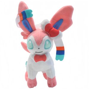 Pelúcia do Sylveon, de Pokémon, de 15 cm, rosa e branca com fitas azuis, em pé, fundo branco