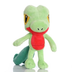 Pelúcia do Treecko, de Pokémon, de frente, verde com garganta vermelha e olhos amarelos