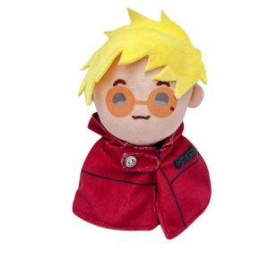 Pelúcia do Vash the Stampede de Trigun com cabelo loiro, óculos redondos e capa vermelha