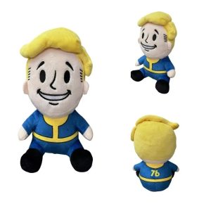 Pelúcia do Vault Boy de Fallout sorrindo, de macacão azul, vista de frente, de lado e de costas com o número 76