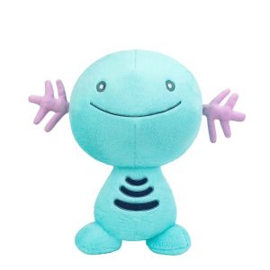 Pelúcia do Wooper, de Pokémon, azul-turquesa com sorriso largo e guelras cor-de-rosa, fundo branco